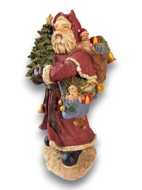 Vintage Style Resin Santa Claus Figurine 14.5 Inch Christmas Statue With Tree An